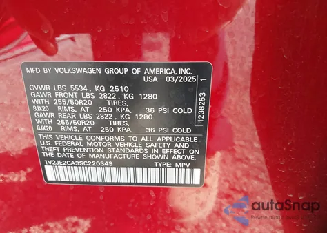 2025 Volkswagen Atlas Cross Sport 2.0T Se W/Technology z USA, uszkodzony, nr VIN 1V2JE2CA3SC220349